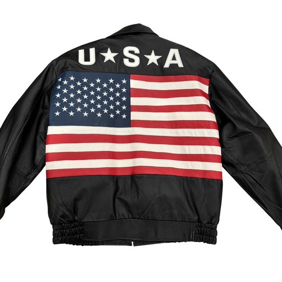 VTG Genuine Leather USA Flag motorcycle Jacket Sz XL Patriotic america 80s Y2K - Picture 2 of 8